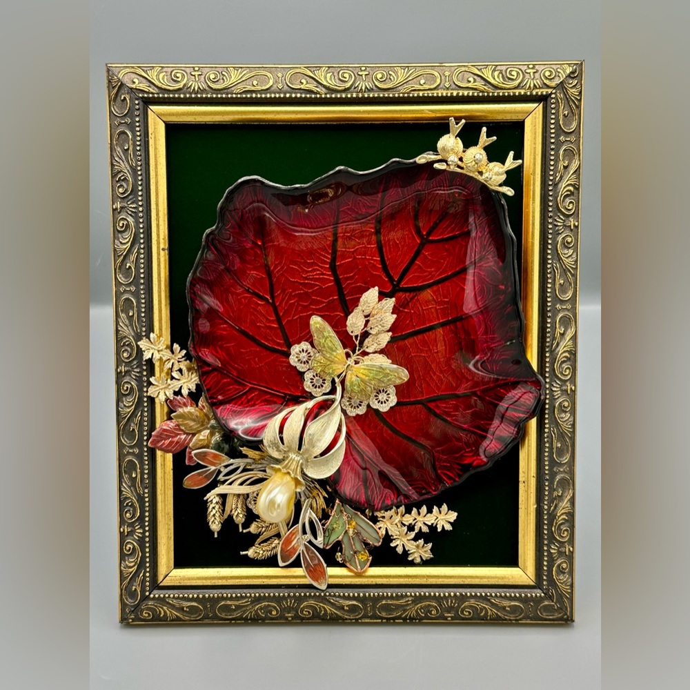 Hand Crafted Framed Vintage Jewelry Collage | Red Glass Leaf Gothic Wall Art